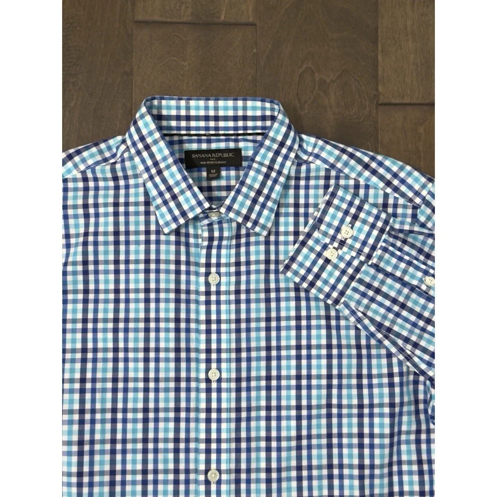 Banana‎ Republic Lot Of Two Mens Blue Plaid Button Down Non Iron Slim Fit Size M